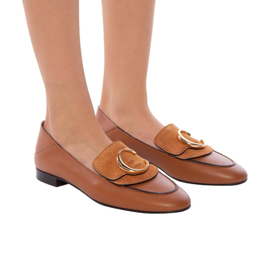 Chloe Loafers Light Brown Leather with Gold logo